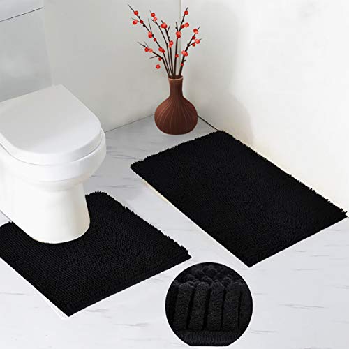LUFENG Bath Mat Set 2 Pieces, 20 * 31'' Bathroom Mat and 20 * 20'' U Shape Toilet Rug with Non Slip Adhesive Bottom, Bath Rug for Floor Tub Shower Bedroom, Machine Washable (Black)