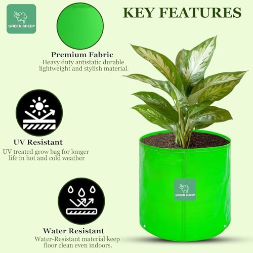 Image of GREENSHEEP HDPE Grow Bag Heavy Duty 260 GSM Round Plants Flower Growing Bags Floor Standing Mount Type for Home Garden Balcony Terrace Kitchen Nursery (Green, 15x15 inch, Pack of 20)
