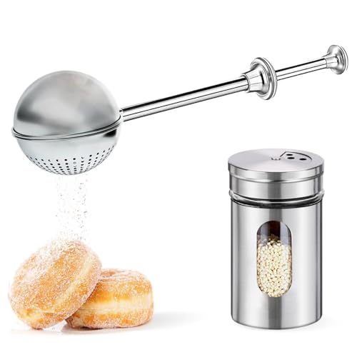 Plumero de harina de acero inoxidable para hornear, juego de salero y pimentero, dispensador de azúcar en polvo con agujeros ajustables para hornear, polvo de azúcar, pasteles, pasteles, postres