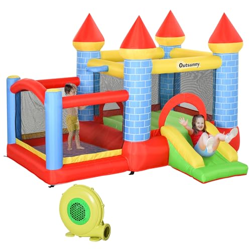 Outsunny Kids Bouncy Castle House Inflatable Trampoline Slide Water Pool Basket 4 in 1 with Blower...