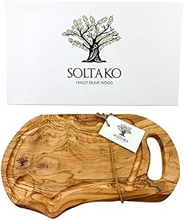 SOLTAKO Chopping Board, Olive Wood Cutting Board, Handmade Cheese Board, Olive Wood Serving Platter, Serving Board with Juice Groove, Sturdy Wooden Chopping Boards (Approx. 40-43x20-22cm)