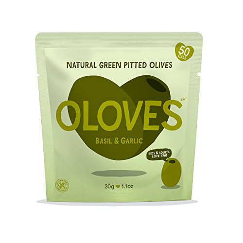 OLOVES Whole Pitted Green Olives | 48 Pack | Basil & Garlic | Vegan, Kosher, Gluten Free + Keto Friendly, All Natural Low Calorie Healthy Snacks | 1.1oz Bags