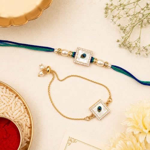 Image of I Jewels Traditional Evil Eye Bhaiya Bhabhi Rakhi Combo with Bracelet Roli Chawal & Raksha Bandhan Card for Brother Bhabhi (R519-CO)