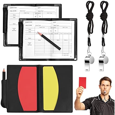 Dasyusuo 4Pcs Referee Cards Set, Football Red and Yellow Cards Coach Whistle with Wallet Score Sheets Pencil Accessories for Football Soccer Game Sports Cover