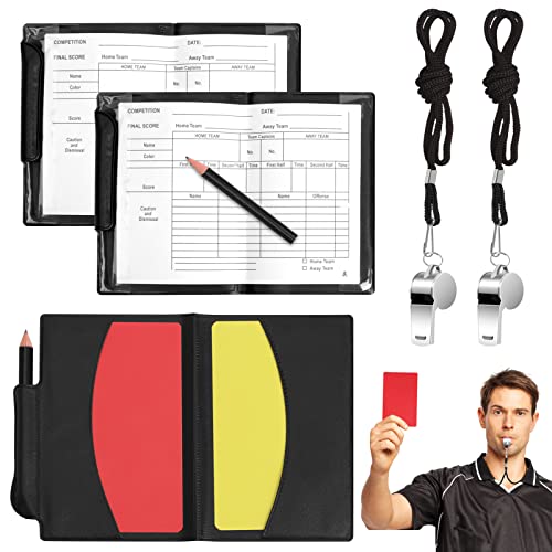 Cartes d'arbitre de Football, 2Pcs Cartes d'arbitre et 2 Sifflets Arbitre pour Matchs Sportifs, Kit d'arbitre de Football Contient Feuille de Match/Crayon/Carte Rouge/Jaune et Carnet d'arbitre Crayon Cover