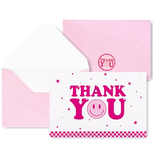 Whaline 20 Set One Happy Dude Thank You Greeting Cards with Envelopes and Stickers Hot Pink Smile Face Thank You Cards for Back to School Wedding Baby Shower Graduation Baby Bridal Birthday