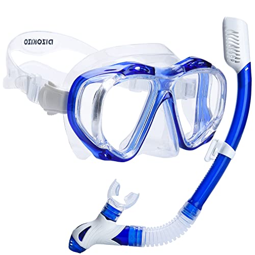 Dizokizo Snorkel Set Wide-View Adult Snorkeling Scuba Gear, Professional Snorkel Goggles Anti-Fog Diving Mask, Anti-Leak Swim Goggles and Dry Top Snorkel for Diving, Snorkeling, Swimming (Blue)