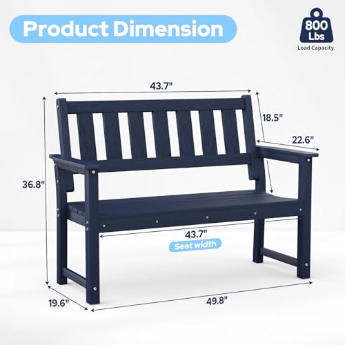 Image of 50 inch Poly Lumber HDPE Outdoor Bench 2-Person Patio Seating, Navy Blue