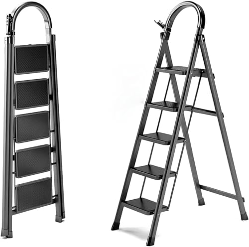 Image of BESTONE Foldable Step Ladder, Sturdy Steel Folding Stool with Wide Anti-Slip Pedals for Home, Kitchen, Garden & Office(Black ) (5 steps)