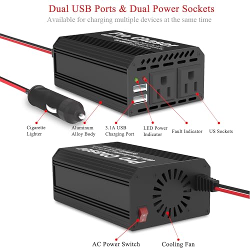 Pro Chaser 400W Power Inverter - 12V DC to 110V AC Car Truck RV Inverter 6.2A Dual USB Charging Ports for Road Trips (Black)