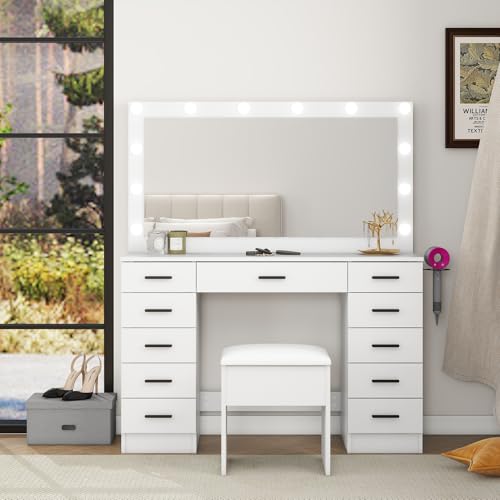 Panana Makeup Table Set with 11 Drawers, Vanity Desk with Large Mirror and Lights, Dressing Table with Storage Cushioned Stool, Power Outlet, 3 Lighting Modes for Bedroom Dressing Room (White) - Cosy Home Interiors Panana Makeup Table Set with 11 Drawers, Vanity Desk with Large Mirror and Lights, Dressing Table with Storage Cushioned Stool, Power Outlet, 3 Lighting Modes for Bedroom Dressing Room (White) - Image 4