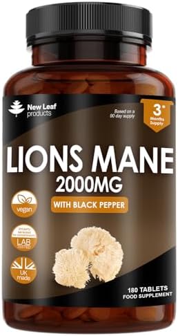 Lions Mane Mushroom Extract Supplement 2000mg - 180 High Strength Vegan Tablets with Black Pepper - (Not Powder or Capsules) Made in The UK by New Leaf Products
