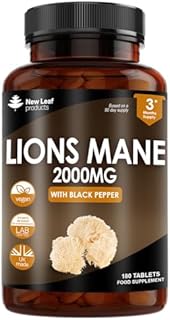 Lions Mane Mushroom Extract Supplement 2000mg - 180 High Strength Vegan Tablets with Black Pepper - (Not Powder or Capsules) Made in The UK by New Leaf Products