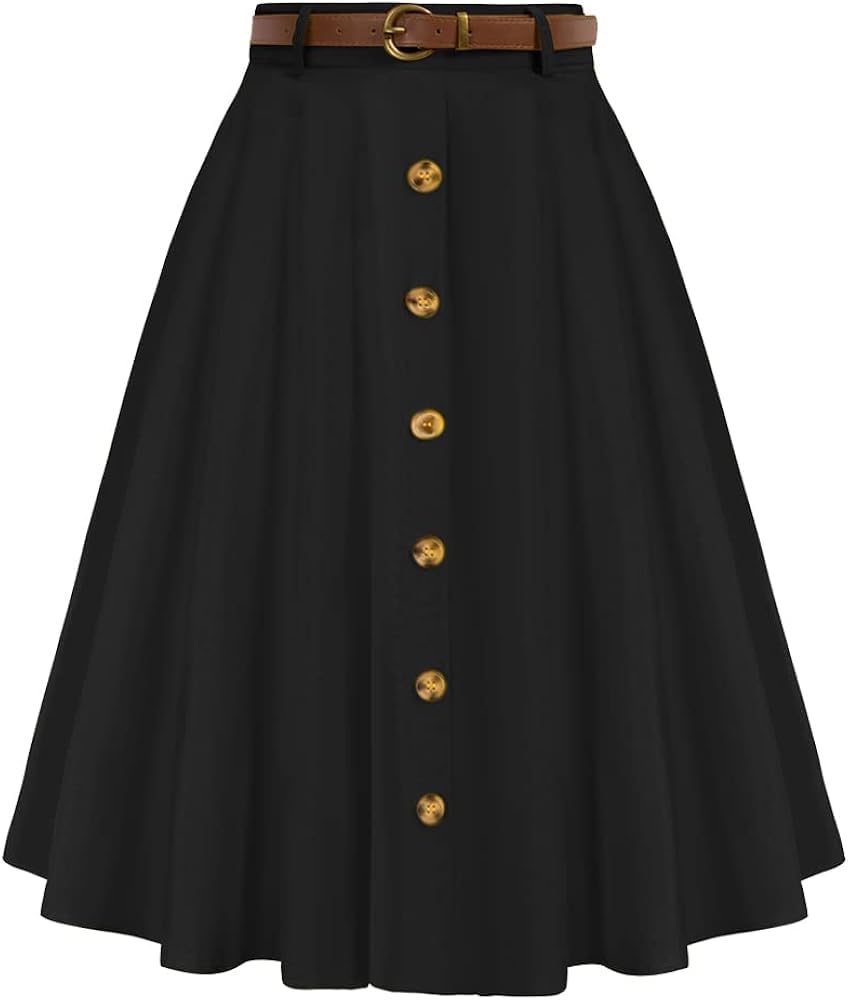 A-Line Button Front Knee Length Skirt with Belt, High Waist