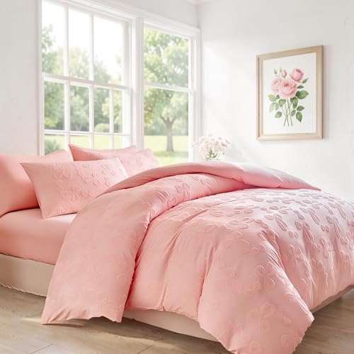 Image of 7 Pieces Bow Comforter Set for Girls Kids Pink Tufted Boho Bedding Set Twin Size Farmhouse Bed in A Bag as Gifts (1 Comforter, 1 Flat Sheet, 1 Fitted Sheet, 2 Pillowcase and 2 Pillow Sham)