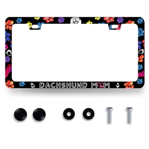 Dachshund Mom License Plate Frame Colorful Dog Paw Animal License Plate Holder Stainless Steel Auto Parts Funny Decoration Fits U.S. Canadian Standard Dog License Plate for Men Women