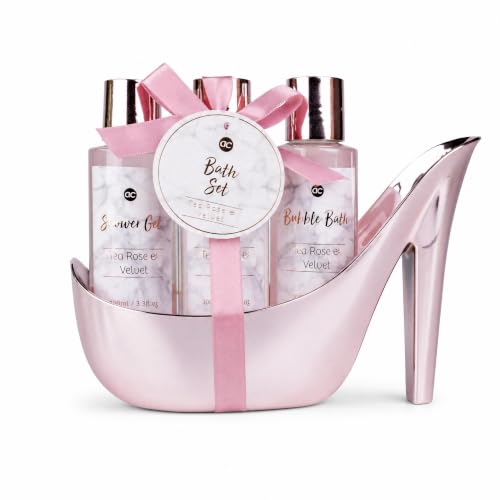 Accentra - Set de baño MÁRMOL con tacón alto - Set de cuidado de 3 piezas con Gel de ducha, baño de burbujas y loción corporal - regalo para cumpleaños, San Valentín y Navidad (rosa)