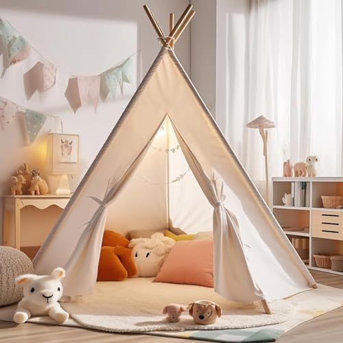 Teepee Tent, Cotton Tent Indoor, Sleepover Play Tent, Party Tents Indoor for Parties, Teepee Tent with Wooden Poles
