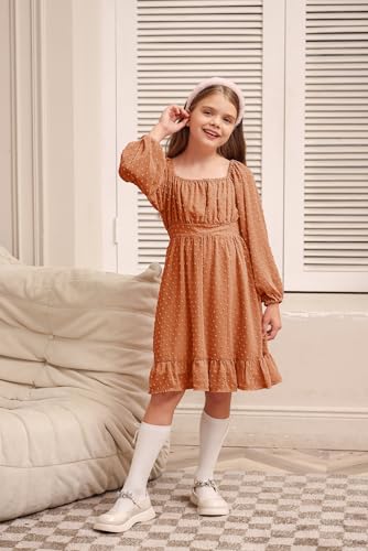 GRACE KARIN Girls Ruffle Tiered Dress Long Sleeve Swiss Dot Flowy A-Line Dress 6-14Y2
