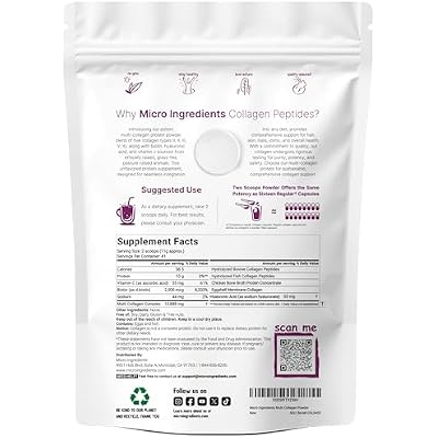 Micro Ingredients Multi Collagen Peptides Powder, 1lb Hydrolyzed Type I,II,III,V,X with Biotin, Hyaluronic Acid, Vitamin C Unflavored Collagen for Women & Men, Easy Dissolve, 41 Servings