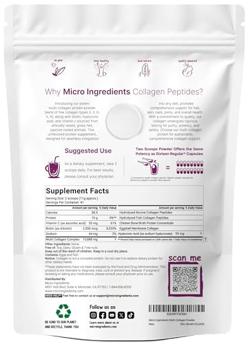 Image of Micro Ingredients Multi Collagen Peptides Powder, 1lb (41 Servings) - Hydrolyzed Type I,II,III,V,X with Biotin, Hyaluronic Acid, Vitamin C - Unflavored Collagen for Women & Men, Easy Dissolve