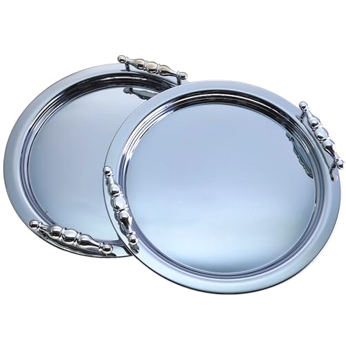 Maro Megastore (Pack of 2) 13.8 inch x 13.8 inch Round Chrome Plated Silver Serving Tray with Handles Design Floral Victoria Design Engraved Birthday Wedding Buffet Wine Decor Platter Plate NC-022 by MARO MEGASTORE - Used condition - US$34.99