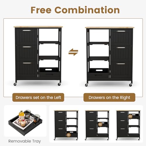 COSTWAY Kitchen Island Cart, Rolling Storage Trolley with 3 Drawers, Open Shelves and Wheels, Mobile Serving Utility Cart Organiser for Dining Room Restaurant Bar (Black) 3 COSTWAY Kitchen Island Cart, Rolling Storage Trolley with 3 Drawers, Open Shelves and Wheels, Mobile Serving Utility Cart Organiser for Dining Room Restaurant Bar (Black) - Image 3
