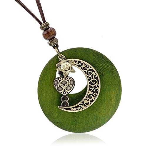 [ナピスト] ネックレス ロング エスニック 革紐 木製 お日様 と 月 レディース グリーン NPNS186G