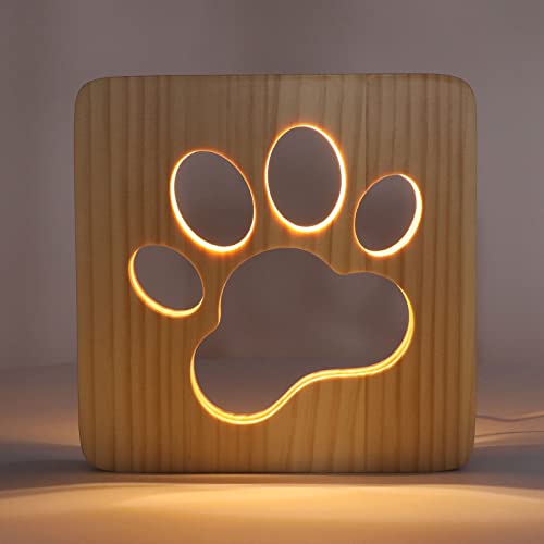 猫の足型ナイトライト、3D木製ポータブルナイトランプ（中空デザイン）、温白色のソフトな光で目を保護するLEDベッドサイドランプ、USBインターフェース搭載、寝室・オフィス用 [5]