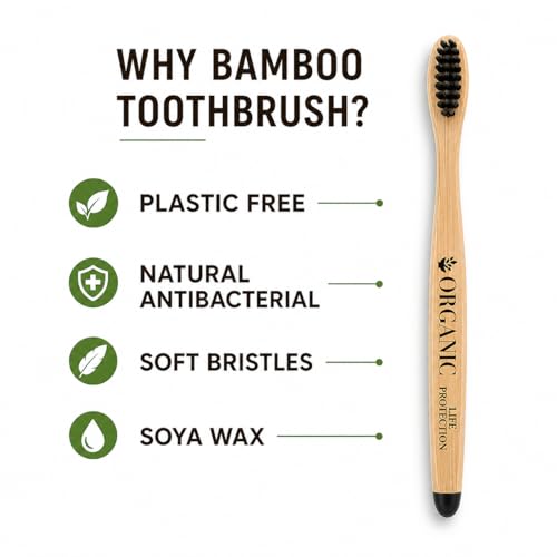 Image of Bamboo Toothbrush - 100% Biodegradable & Eco-Friendly | Charcoal Soft Bristles for Sensitive Gums | Zero Waste, BPA-Free, Vegan - Pack of [4]