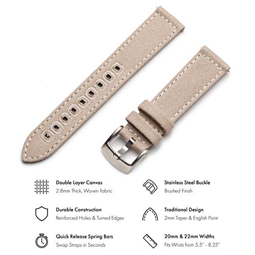 Image of Benchmark Canvas Watch Band - Quick Release Cotton Fabric Watch Straps for Men & Women (22mm, Khaki Tan)