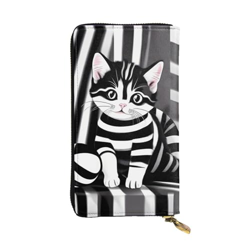 Black and white striped kitten Leather Long Wallet, 12 Credit Card Slots, 3 Cash Slots, Coin Compartment, Unisex