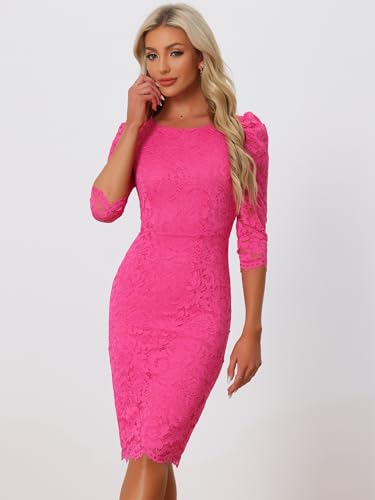 Allegra K Women's Elegant Lace Dress 3/4 Sleeve Business Wedding Guest Cocktail Bodycon Dress3