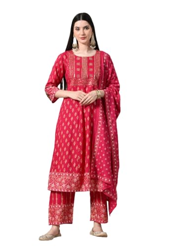 Image of Amazon Brand - Tavasya Women Rayon Straight Kurta Pant Dupatta Set | Embroidered Ethnic Suit Set | Regular Fit Kurta with Pant & Dupatta