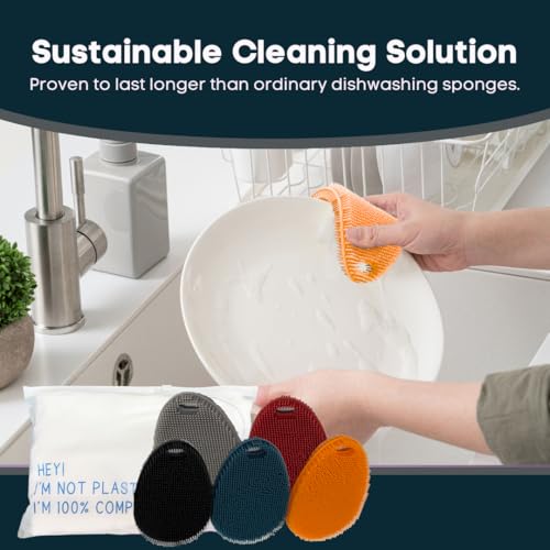 Image of Silicone Sponge Dish Scrubber - Food Grade and Housecleaning - BPA Free Silicone Kitchen Scrubber [5 Pack Ovals Winter]
