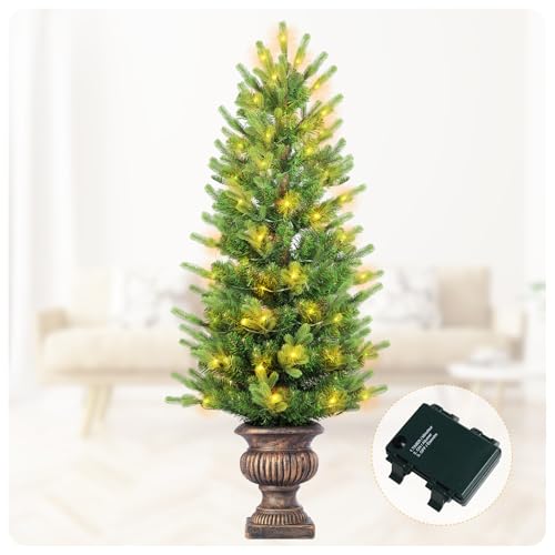 Gfilay 4FT Prelit Potted Artificial Christmas Tree with Lights &ndash; Battery Operated Front Porch...