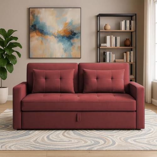 Image of Emilio 2 Seater Pull-Out Sofa Cum Bed | Premium Fabric Convertible Sleeper Sofa Set Space Saving for Living Room Office Home Guests Daily Use | 1 Year Warranty | Maroon Colour Fabric Sofa