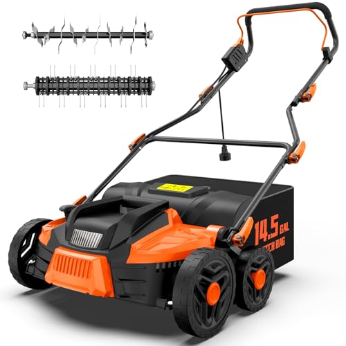 TIECTOWN 16-Inch 15.5 Amp 2-in-1 Electric Dethatcher and Scarifier with 14.5-Gallon Collection Bag, Lawn Dethatcher with 5-Position Depth Adjustment, Blade Replacement Without Tool - Orange by TIECTOWN - Used condition - US$171.84