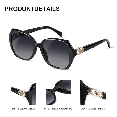 Wrimen Große-Sonnenbrille Damen-Polarisiert-XL-UV400 Schutz-Sunglasses Woman-Klassisch-Mode-Brillen-Oversized-Retro-Rahmen-Sonnenbrillen,Schwarz