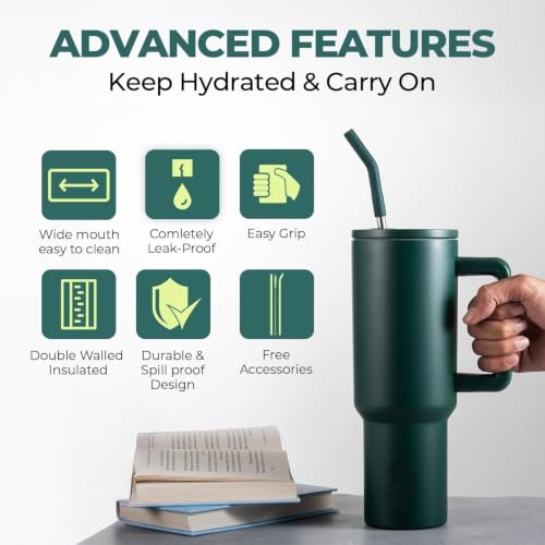 Image of Stainless Steel Tumbler with Lid and Straw 1200ml, Hot and Cold Double Insulated Sipper Mug, 100% Leak Proof Coffee Tumbler Cupholder for Office, Gym, Travelling (Dark Green-Steel Straw)
