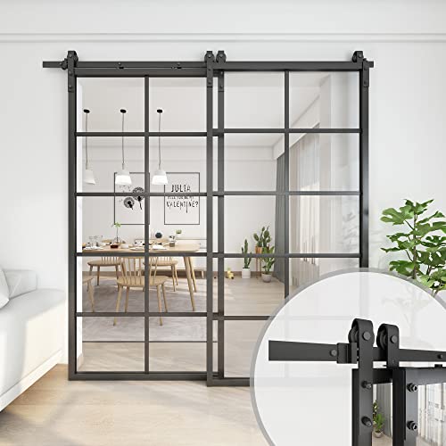 JUBEST Bypass Double Glass Barn Door 84 x 84 in with 6.6FT Hardware Kit, 2 Sets of 42x84 in Clear Tempered Glass Aluminum Frame Sliding Closet Kitchen Door(Fit Max Opening 77 3/4"), Easy Assembly