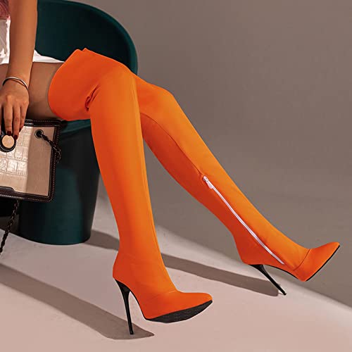 Women's Over The Knee Boots Sexy Pointed Toe Stiletto High Heel Boots Fashion Long Stretch Thigh High Boots (Orange,7) #TOP1