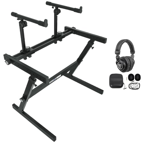 Audiosavings Bundle: Z-726 2-Tier Z-Style Keyboard Stand w/7 Adjustable Heights 34 in. Width Bundle with Rockville PRO-M50 Studio Headphones w/ Detachable Coil Cable, Case+Extra Ear Pad (2 Items)