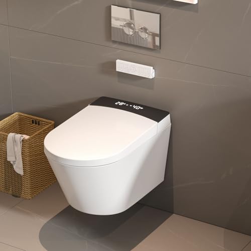 MEJE #MZE014P - Intelligent Wall-Hung Toilet, One-Piece Elongated Smart Toilet with Bidet Built in,Heated Seat, Warm Air Dryer,Auto Flush, Auto Open and Close, Remote Control, Night Light, White