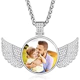 Custom4U Personalized Angel Wings Pendant Neckalce with Picture Inside Custom Photo Necklace Memorial Medallion Circle Chain Hip Hop Jewelry Gifts for Men Women