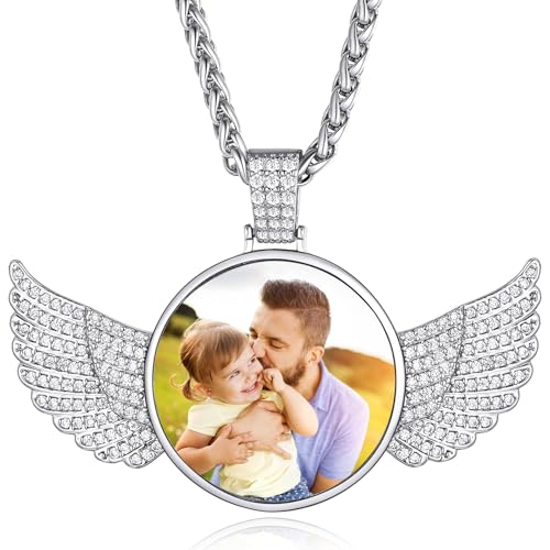 Custom4U Picture Necklace Personalized Photo for Men Women Steel/18K Gold Plated/Black Custom Angel Wings/Heart Pendant Necklace with Picture Memory Circle Chain 18-30 Inch,Hip Hop Jewelry+G