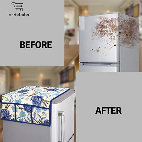 Image of Polyester 3-Layered Fridge Top Cover /Refrigerator Cover With Utility Pockets and Set of 4 Pc. Fridge Mats (Color-Blue, Size -39x21 Inches)