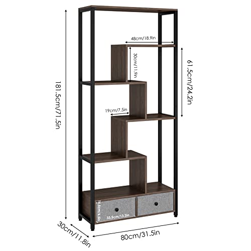 Hifit Bookshelf With 2 Drawers, Tall Bookcase With 9 Open Bookshelf For Living Room, Free Standing Display Shelf For Reading Room Bedroom Entryway Hallway, 31.5”W X11.8”D X 70.9”H, Brown #TOP4