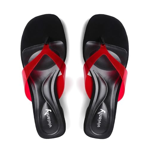 Image of vivianly Women's Suede Low Chunky Block Heel Flip Flops Square Toe Thong Heeled Sandals Casual Slip On Mules for Work Beach Casual Outings