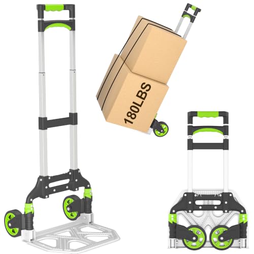 DIAMONDFORGE Folding Hand Truck, 180lbs Lightweight Foldable Dolly Cart with Wheels and Telescopic Handle, Portable Folding Dolly with Rubber Wheels for Moving Groceries, Home, Auto, Black Green